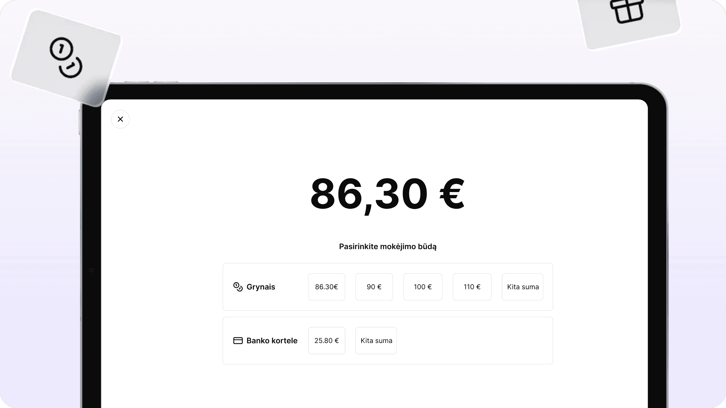 Greet mokėjimo ekranas: suma 86,30 € ir mokėjimo būdo pasirinkimas grynais arba kortele