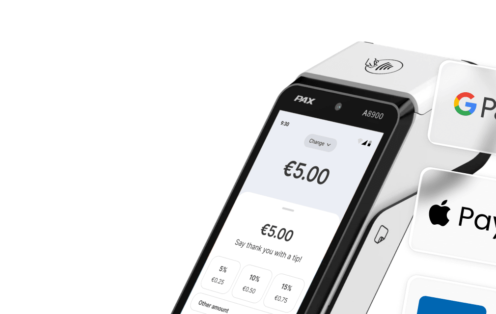 Greet kortelių skaitytuvas su 5,00 € mokėjimu ir Google Pay bei Apple Pay kortelėmis